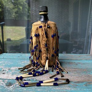 Native American Plains Canteen Bag 10" Leather Brass Conicals Cobalt Blue Beads